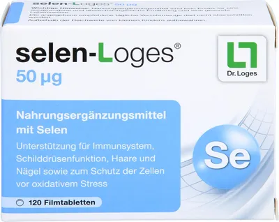 Produktbild von selen-Loges 50 µg Filmtabletten unterstützt das Immunsystem, die Schilddrüsenfunktion, Haare und Nägel, 120 St. Tabletten
