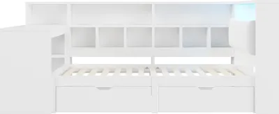 Immagine prodotto di Letto contenitore Abrihome Letto in legno 90x200cm con scrivania, libreria e cassetti, letto per bambini con rete a doghe, bianco