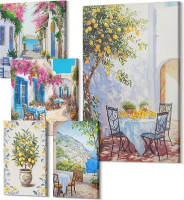 Obrázek produktu pro Moderní Obrazy Na Plátně – Polycanvas Tisk – 5-Dílný Set – Dekorace Na Stěnu – Obrazy Do Bytu – Umělecké Obrazy – Do Obývacího Pokoje – 2x 30x30 cm + 2x 20x30 cm + 1x 40x60 cm – Okouzlující středomořská krajina s květinami a ovocem