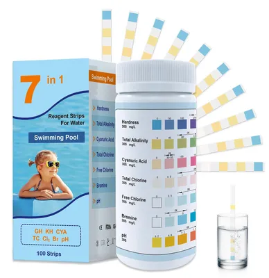 100 Teststreifen 7-in-1 für Schwimmbad, Wasserhärte, pH-Messung
