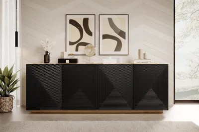 Zdjęcie produktu dla Komoda 200 cm dąb artisan czarny mat Asha z ryflowanym frontem nowoczesna