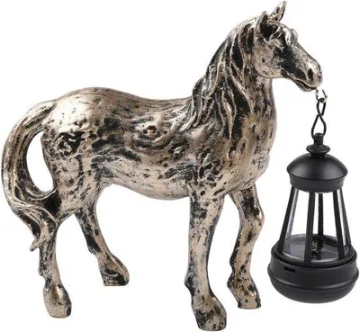 Productafbeelding van Paardenfiguur met lantaarn - Decoratief dierbeeld - Tuinverfraaiing - Verlichting op zonne-energie - 21 x 21 x 10 cm - Bronskleurig