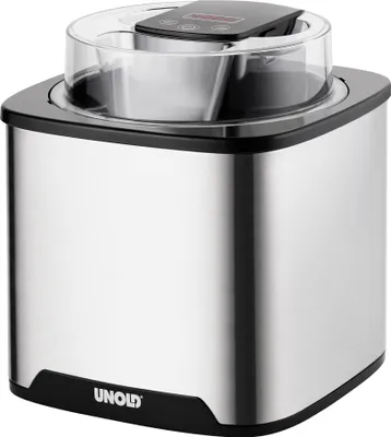 Die Unold Eismaschine Gelato 1,5 L ist eine silber-schwarze Eismaschine mit transparentem Deckel und