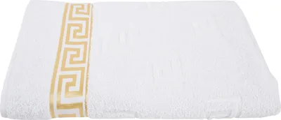 Produktbild von Arle-Living Saunatuch aus feinster Ringgarn Baumwolle, Jacquard, Hochflor Frottee, Weiß, 100x200 cm, mit Medusa Flachprägung und goldene Medusa Bordüre, 500g/m², Türkei