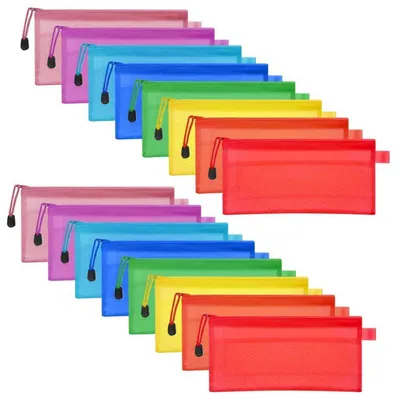Image de Pochettes de documents format A6, lot de 16, 8 couleurs, étanches, avec fermeture éclair, en PVC mesh, dimensions 23,5 x 11,5 cm
