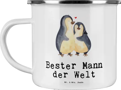 Produktbild von Mr. & Mrs. Panda Camping Emaille Tasse Pinguin Bester Mann der Welt - Weiß - Geschenk, becher, Ehe, Beste, Geschenkidee, Haferl, Pott, Kleinigkeit, Kaffeepott, Ehepartner