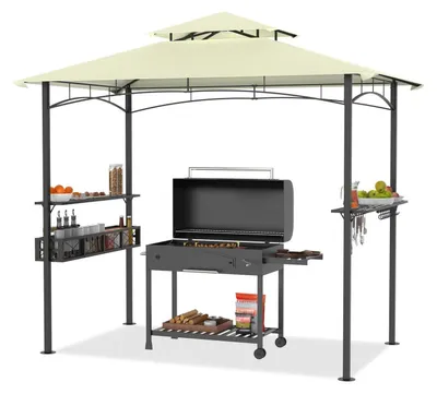 Image de Pavillon de barbecue 244x138x250 cm, couleur beige, avec bar et toit à double couche