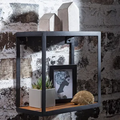 Obrázok produktu pre Nástenná polica FineBuy PURI 35x18x35 cm z masívneho dreva sheesham, závesná knižnica, kovová polica s policami z pravého dreva, drevená polica štvorcového tvaru, dekoratívna polica