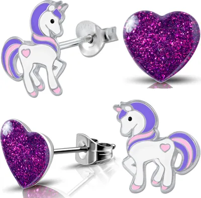 Produktbild von 2x Kinder Ohrringe Echt 925 Silber Pferde Einhorn Mädchen Ohrstecker Herz Edelstahl K688+K296