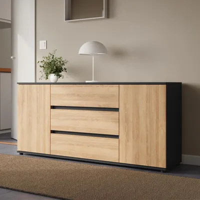 Produktbild von Home Collective Kommode Sideboard mit Schubladen | modern Sideboard Wohnzimmer Schlafzimmer Flur Möbel | 150x40x70 cm | 3 Schubladen & 2 Türen | Anthrazit und Artisan Eiche