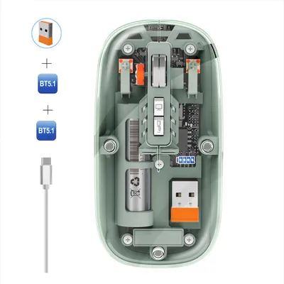 Obrázek produktu pro M233 počítačová myš, bezdrátová myš, průhledná myš, třírežimové připojení (2.4G + BT1 + BT2), 1600 DPI, nabíjení Type-C, zelená barva
