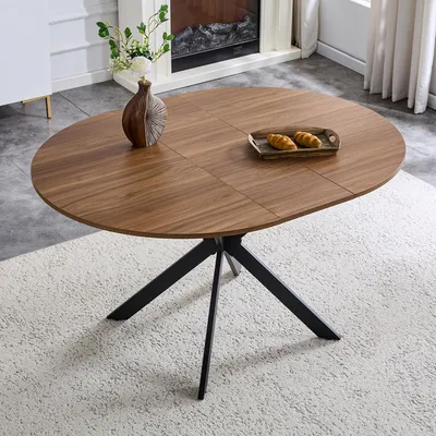 Image de Table à rallonges, style moderne, MDF, métal, aspect noyer, piètement à trois pieds