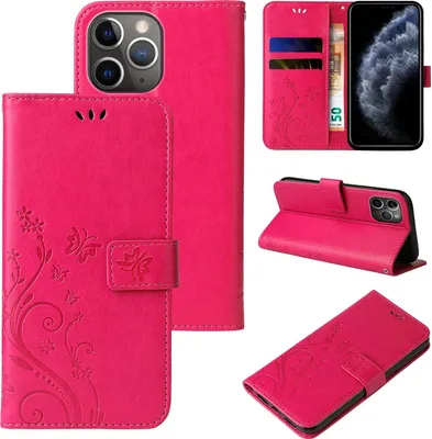 Produktbild von Handyhülle für Apple iPhone 11 Pro Floral Blumen Schmetterling Flip Cover Hülle Case Klapphülle Handytasche Farbe: Pink