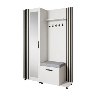 Produktbild von Garderoben-Set LIVIA Rechts Weiß – Garderobenschrank mit Spiegel, Aufhängern, Schuhschrank mit grauem Sitzkissen, Lamellen in Schwarz, Hochschrank
