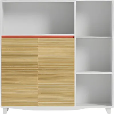 Produktbild von Büroschrank mit Holzregalen und rotem Akzent stilvolle Aufbewahrungslösung