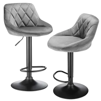 Produktbild von 2er Set Samt Barhocker - Barstuhl Küchenhocker - Höhenverstellbar - 360° drehbar - Mit Fußstütze - Metallgestell - Modernes Design - Hellgrau