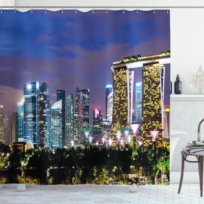 Image de Rideau de douche ABAKUHAUS, paysage urbain nocturne de Singapour, architecture moderne, vie urbaine, monument asiatique, 175 x 200 cm, multicolore