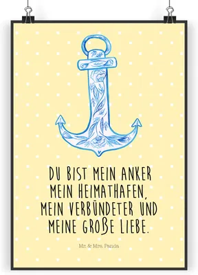 Produktbild von Mr. & Mrs. Panda Bild Anker Blau DIN A4 - Gelb Pastell - Geschenk, Wanddekoration, Posterdruck, Plakat, kunstdruck poster, drucke, Lustige Sprüche
