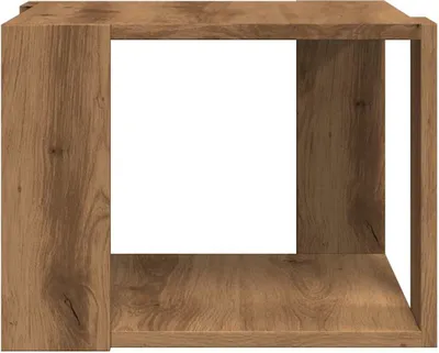 A close-up, studio shot of a wooden cube-shaped shelf.