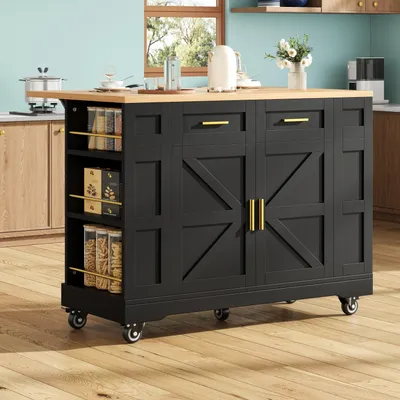 Obrázek produktu pro Moderní kuchyňský ostrůvek Kuchyňská skříňka s dřevěným dekorem Multifunkční jídelní stůl Servírovací vozík Buffetová skříňka s rozkládací funkcí Černá Bez matrace