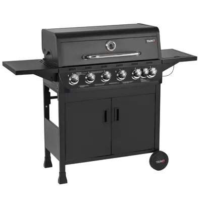 A black gas grill with side shelves and a cabinet base, shown from a three-quarter front angle on a white background.