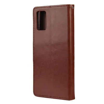 A brown leather-look phone case is shown against a white background.