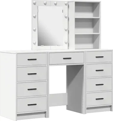 Image de vidaXL Coiffeuse avec éclairage miroir 3 pcs Blanc Bois composite