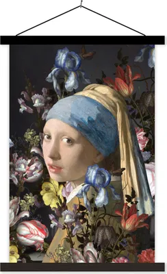 Produktbild von MuchoWow® Textilposter Das Mädchen mit dem Perlenohrring - Johannes Vermeer - Blumen 60x90 cm mit schwarzem Rahmen - Poster Wohnzimmer