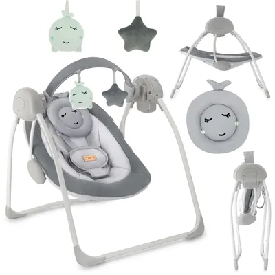 Produktbild von MoMi LISS – Elektrische Babywippe klappbar mit Timer, 5 Geschwindigkeiten, 6 Melodien & verstellbarem Spielbogen - Grau
