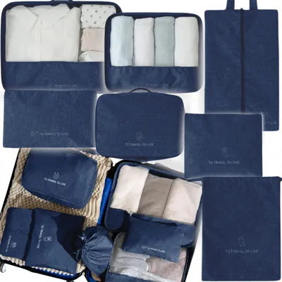 A collection of blue fabric packing cubes and bags, some filled with clothing, arranged in a collage.