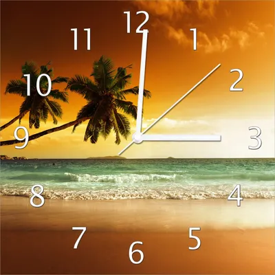 Produktbild von Wallario Design Wanduhr Palmen am Sandstrand bei untergehender Sonne aus Echtglas, Größe 30 x 30 cm