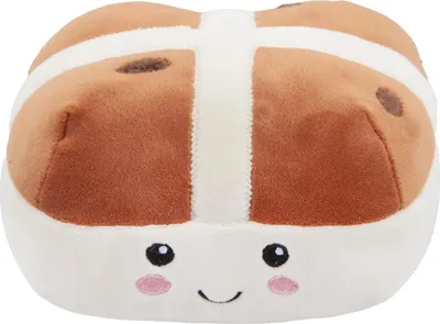 A plush toy shaped like a hot cross bun.