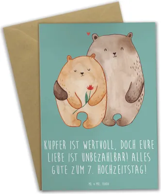 Produktbild von Mr. & Mrs. Panda Glückwunschkarte 7. Hochzeitstag Kupferhochzeit - Meeresbrise - Geschenk, glückwunschkarten, hochzeitskarten, Liebe und Beständigkeit, Beziehung, Heirat