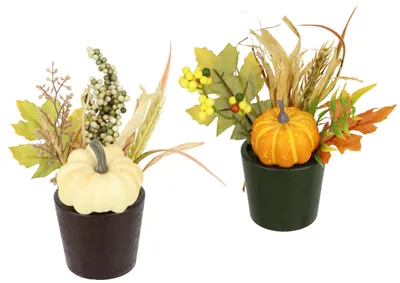 Künstlicher Herbststrauß mit Kürbis, 2er Set, 18 cm
