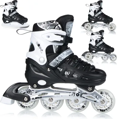 A collage of Nils Extreme 4-in-1 inline skates and ice skates, showing different angles and configurations.