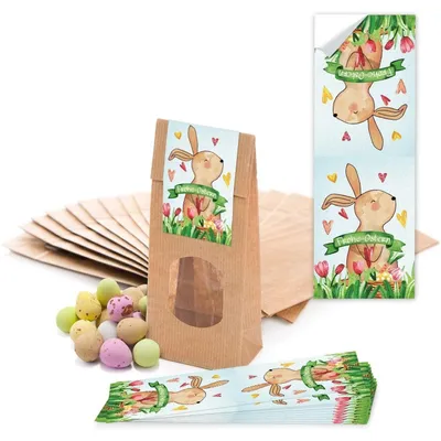 Produktbild von 25 kleine braune Papiertüten Ostertüten Osternest mit Fenster + Pergamin-Einlage 7 x 4 x 20,5 cm + 25 Osteraufkleber 5 x 15 cm vintage Hase Osterhase Ostern Herz rot Verpackung AufkleberHase mit Blumen / 10 Stück