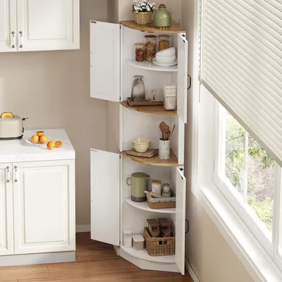 Image de OKWISH Armoire d’Angle - Buffet de Cuisine avec 5 Niches et Dispositif Anti-Basculement, Meuble Rangement Cuisine, MDF, 39,5x39,5x180 cm, Blanc