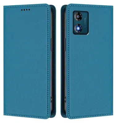 A product shot of a blue flip phone case, shown from both the front and back.