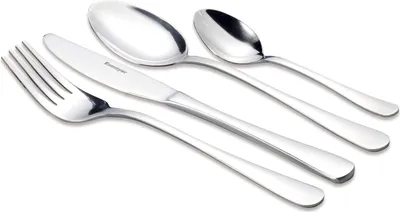 A set of four stainless steel cutlery items arranged diagonally on a white background.