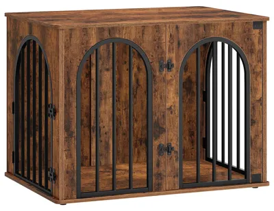 Image de Meuble pour chien - Cage d'intérieur pour chien servant de table d'appoint - Cage en bois de 80 cm - 3 portes dont une arqué - Très robuste - Marron vintage