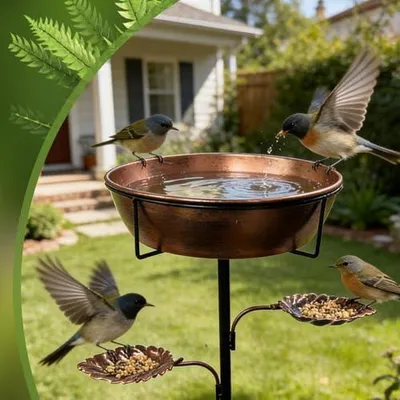 Produktbild von Vogelbad für den Außenbereich aus rostfreiem Metall mit Futterplatte für Kolibris, Garten, Rasen, Terrasse, Hof, Balkon, Deck und Teich
