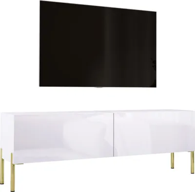 Image de MEUBLE TV : Blanc mat / Blanc brillant avec pieds en or, 140 x 52 x 32 cm