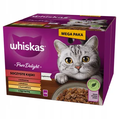 Zdjęcie produktu dla Mokra karma dla kotów z wołowiną, drobiem, kurczakiem i jagnięciną w galaretce Whiskas Pure Delight Soczyste Kąski 24x85g