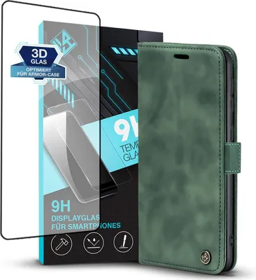 Produktbild von Handy Hülle für Samsung Galaxy S21 Ultra 5G mit 9H Displayglas Klapphülle Bookcase Flip Cover Handy Tasche Etui Farbe: Grün