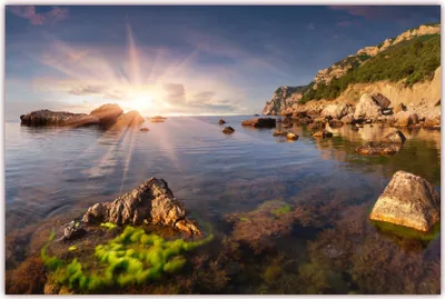 Produktbild von XXL Poster 100 x 70cm (F-213) Meerlandschaft mit steiler Küste und schönem Sonnenlicht (Lieferung gerollt!)