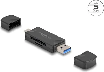 Obrázok produktu pre DeLOCK 91020, Microsd (transflash), SD, Čierna, 5000 Mbit/s, USB 3.2 Gen 1 (3.1 Gen 1) Type-A/Type-C, 21 mm, 77 mm