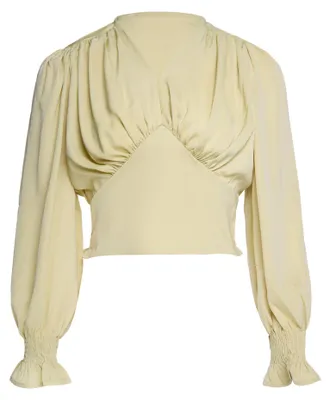 Produktbild von Gelbe Satin Damenbluse XXS mit V-Ausschnitt und Bischofsärmeln aus der Festtagskollektion