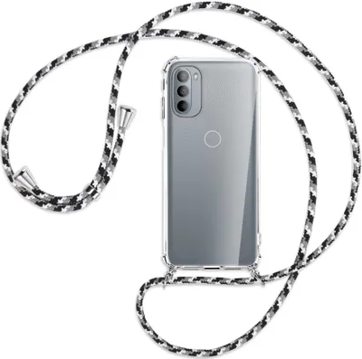 Produktbild von Handykette Backcover-Schutzhülle mit Band (Metall silberfarben) für Motorola Moto G31, Moto G41 - schwarz/grau/weiß