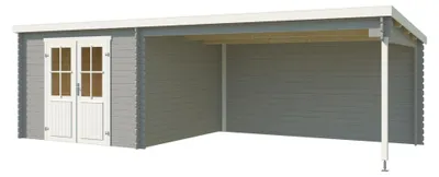 Produktbild von Lasita Hellgrau 3x3 + 4m Anbau Gartenhaus Blockbohlenhaus, 28 mm Wandstärke, Flachdach, Fichtenholz, Doppeltür, Robuste Bauweise, Nut Feder Verbindung, Hohe Schneelast
