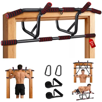 Produktbild von Türreckstange Klimmzugstange Pull-up-Bar - Stahl - Rot - Belastbar bis 200 kg - Für Türrahmen 80 bis 90 cm breit